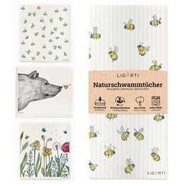 Set of 3 sponge cloths featuring bees and flowers. Made of natural materials, these sponge cloths are perfect for kitchen cleaning tasks.