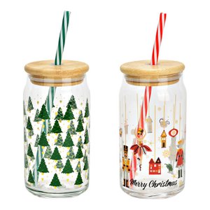 Trinkglas Weihnachts Dekor mit Motiv und Stohhalm aus Glas, 2-fach, Transparent (B/H/T) 7x14x7cm 500ml