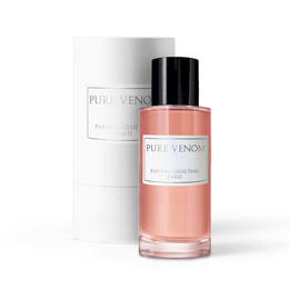Floral, fruity, and alluring perfume in a sleek glass bottle with a black cap.