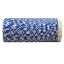 A large, rectangular plaid throw blanket in a lapis blue color. The throw is made of a soft, woven material with a diamond pattern design.