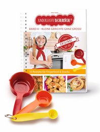 A 3-piece measuring cup set in a variety of bright colors, including a red, yellow, and blue measuring cup. The set is part of a children's cooking kit or book, as indicated by the image of a young girl on the packaging.