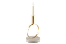 A round, matt gold candleholder with a marble holder, standing 17 cm tall.