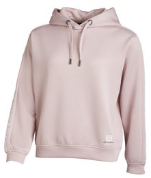  A pink women's hoodie with printed sleeves. Made of soft, comfortable material. Features a hood and drawstring closure.