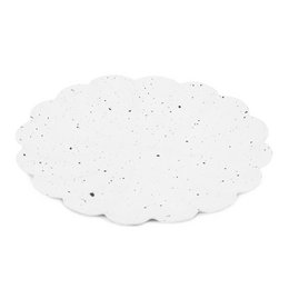  White metal bowl with small white dots, suitable for jewelry storage or display.
