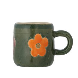 Green stoneware cup with an orange flower design. Suitable for hot and cold beverages.