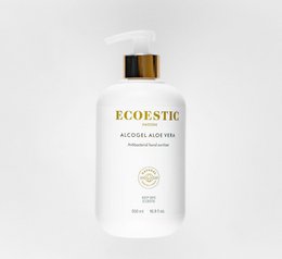  Ecoestic 500 ml (6-pack) hand sanitizer, clear liquid in white bottle with gold cap