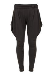 Black harem style pants, jersey material, tapered ankles, functional pockets, relaxed fit women's trousers.