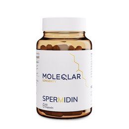 Spermidin is a dietary supplement containing spermidine, a natural compound found in various foods. The product is packaged in a bottle with a white label and the Molecular logo.