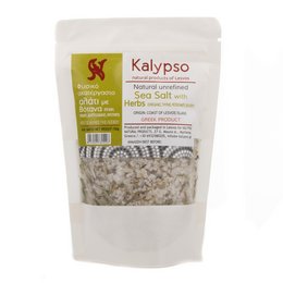 Natural unrefined sea salt with Greek herbs, a flavorful spice mix for seasoning.