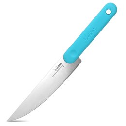 A long, thin, stainless steel salami knife with a turquoise-colored handle.
