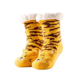  Yellow and brown tiger-patterned kids' socks with sherpa lining and non-slip grip.