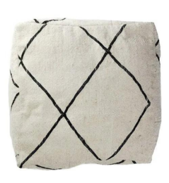 A large, square floor cushion cover made of white and black Beni Ourain kilim fabric. The cushion has a geometric diamond pattern with intersecting black lines against a neutral beige background, creating a modern, minimalist design.