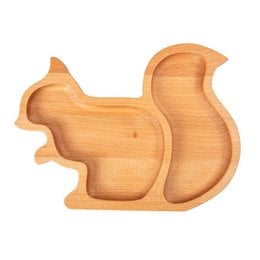 Wooden squirrel-shaped serving bowl with compartments for different types of nuts and snacks.
The image shows a wooden serving bowl in the shape of a squirrel. The bowl has multiple compartments, with one compartment containing almonds or other nuts, and another compartment containing what appears to be chickpeas or other small legumes. The bowl is made of a light-colored wood, likely oak or maple, and has a natural, rustic appearance.