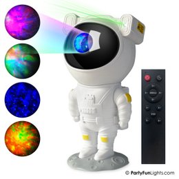  White astronaut projector with colorful laser lights, northern lights effect, USB powered, remote control included, kids room night light.