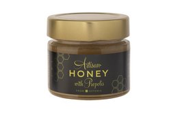 Honey with Propolis, 200 g. A natural honey product containing propolis, a substance produced by bees that has various health benefits. The honey is packaged in a glass jar with a gold-colored lid.