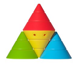 Colorful stacking toy with triangular shapes in red, yellow, and blue. Designed for sensory play and development.