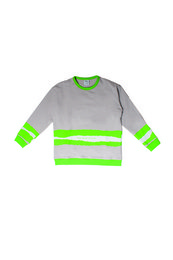 A gray sweatshirt with neon green stripes across the chest and sleeves, designed for children aged 2-11 years old.