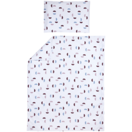 Lilac-colored duvet cover set featuring a pattern of various shapes, including circles, triangles, and other geometric designs. Suitable for a baby's crib or bed.