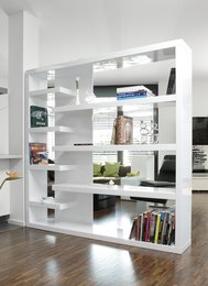 Tall, white room divider with multiple shelves for storage and display. Suitable for indoor or outdoor use, with a modern, minimalist design.