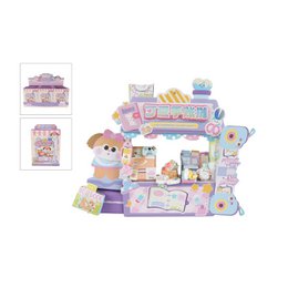  Kawaii craft stall playset with cute pastel colors, miniature shop structure, small figurines, colorful accessories, interactive toy building set.