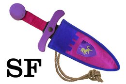  A colorful wooden toy dagger with a unicorn pouch. The dagger features a purple and pink design with a unicorn graphic.