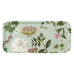 Rectangular serving tray featuring a botanical floral pattern in shades of green, pink, and white. The tray measures 32 x 15 cm and is part of the Flora Danica Atlas collection.