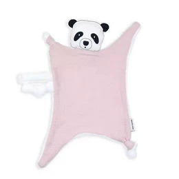 Soft, plush panda-themed swaddle comforter in a pink color. Features a panda face design and soft, cuddly material.