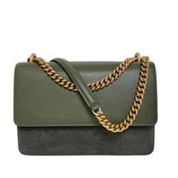 Olive green shoulder bag with gold chain strap and flap closure.