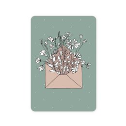 A6 postcard with a bouquet of flowers in an envelope. The postcard features a floral arrangement in neutral tones against a light green background.