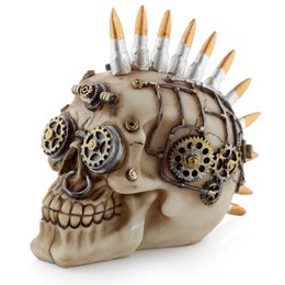 Steampunk style skull statue with bullet mohican, made of beige material with gears and mechanical details, suitable for decorative purposes.