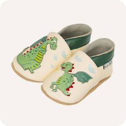  Soft leather baby shoes with a cute dragon design in green, yellow, and red colors. Suitable for ages 0-6 months to 3-4 years.