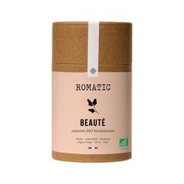 Organic BEAUTY infusion 50g - thyme - chamomile - burdock - red vine - nettle - rose. This herbal tea blend contains a variety of natural ingredients including thyme, chamomile, burdock, red vine, nettle, and rose. The tea is packaged in a cardboard container with a cork-like material.