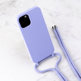Lavender-colored phone case with a detachable cord strap, suitable for iPhone 11, 11 Pro, 7/8/SE 2020, XR, X/XS, and 12/12 Pro models.