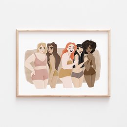 Diverse group of women in various body types and skin tones, celebrating body positivity. Vibrant colors and abstract style.