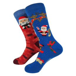 Festive Santa Socks in red and blue with Christmas-themed patterns and designs. Suitable for sizes 35-40 (S) and 41-46 (L).