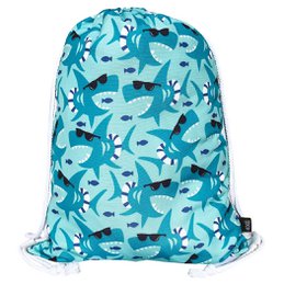  A blue and green patterned children's gym bag with a shark design. The bag is suitable for kids and can be used for activities like gym or sports.