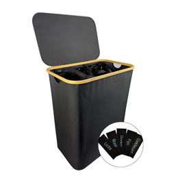  A large black laundry basket with 3 compartments, capable of holding up to 145 liters. The basket has a sleek, modern design and is suitable for use in the home or laundry room.