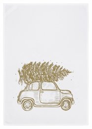 White tea towel with gold-colored Christmas tree design