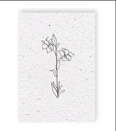 A simple line drawing of a white lily flower on a textured white background.