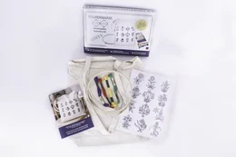 "DIY embroidery kit tote bag with purple tulip flowers pattern, includes threads, needle, fabric, complete craft supplies"