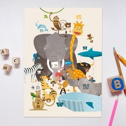 Colorful poster featuring a variety of cartoon animals including an elephant, giraffe, and other wildlife. Suitable for a children's room or nursery.