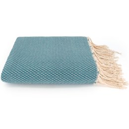 Plaid grand foulard ottoman in petrol blue color, measuring 190x300cm, made of soft, woven material with a fringed edge.