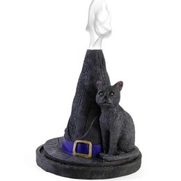 A black cat-shaped incense cone holder with a witch's hat on a black base. The cat has a purple collar and the hat is decorated with stars.