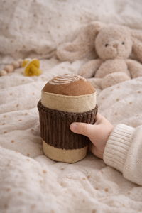Embroidered Cappuccino Cup Rattle – Handmade Sensory Toy