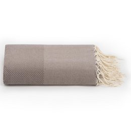 Taupe-colored plaid throw blanket with honeycomb pattern and fringe trim, suitable for use as a cozy wrap or decorative accent.