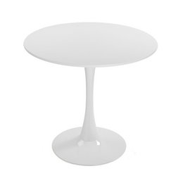 A round, white kitchen table with a sleek, modern design. The table has a tulip-style base and a smooth, white tabletop that would complement a variety of kitchen decor styles.