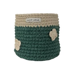 Handcrafted cotton basket in two-tone green color, measuring 13cm high and 12cm in diameter, made using traditional crochet techniques in Nepal.