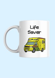 A white ceramic mug with a yellow ambulance or emergency vehicle graphic and the text "Life Saver" printed on it.