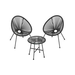 Outdoor patio set with two black woven Acapulco-style chairs and a matching round side table. The chairs have a curved, open-weave design and the table has a glass top.