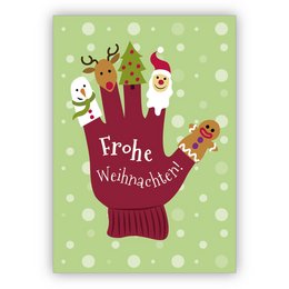  Festive Christmas card with glove and finger puppets. Includes a cheerful "Merry Christmas!" message in German. The card features a red mitten with various holiday characters like a reindeer, snowman, and Santa Claus.